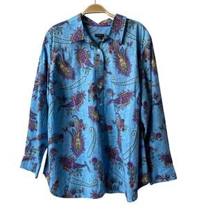 Talbots Swirly Paisley Shirt Women Plus 2X Blue Button Up Cottagecore Preppy NWT